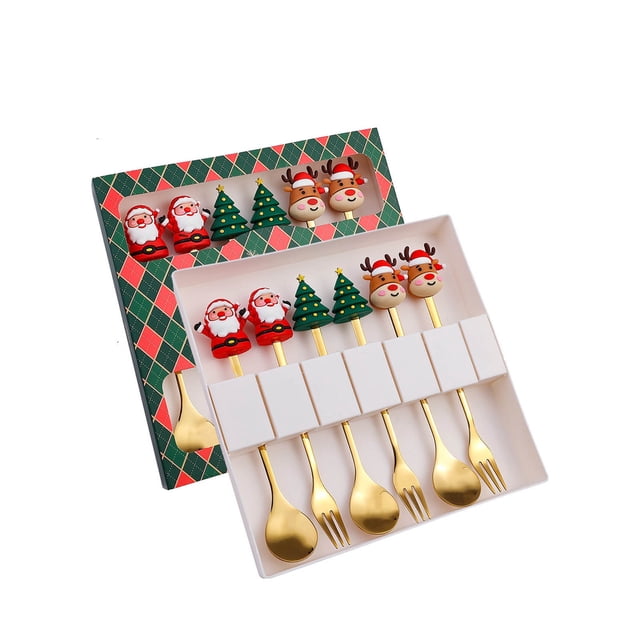 Juego de cuchara y tenedor de postre navideño con bonitos colgantes navideños | Vajilla de acero inoxidable para cócteles y fiestas | Caja de regalo de 6 piezas con adornos de botas, ciervos
