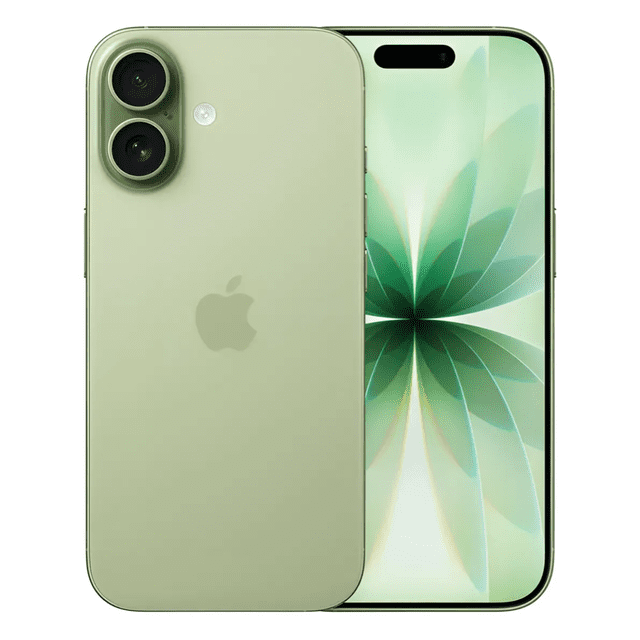 smartphone apple iphone 17 256gb verde esim vista frontal y trasera 3/4 con pantalla OLED de 6,3 pulgadas sin marco y isla dinámica en forma de píldora, reverso verde mate con doble cámara vertical del sistema Fusion de 48 MP y logo Apple, ProMotion hasta 120 Hz y eSIM; también suele usarse para fotografía móvil de alta resolución y para viajar.
