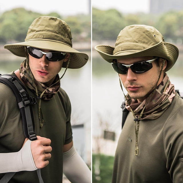 sombrero de pescador con protección uv para hombre, sombrero para el sol, sombrero de pescador, sombrero de paja para exteriores para pesca y caza vista frontal y 3/4: sombrero caqui de polyester con ala de 8.5 cm y corona de 10 cm, circunferencia aprox. 56–58 cm (22–23 in), botones a presión laterales para alzar el ala, cordón ajustable, ojales de ventilación, plegable y ligero; a menudo usado también para actividades al aire libre como pesca y caza.