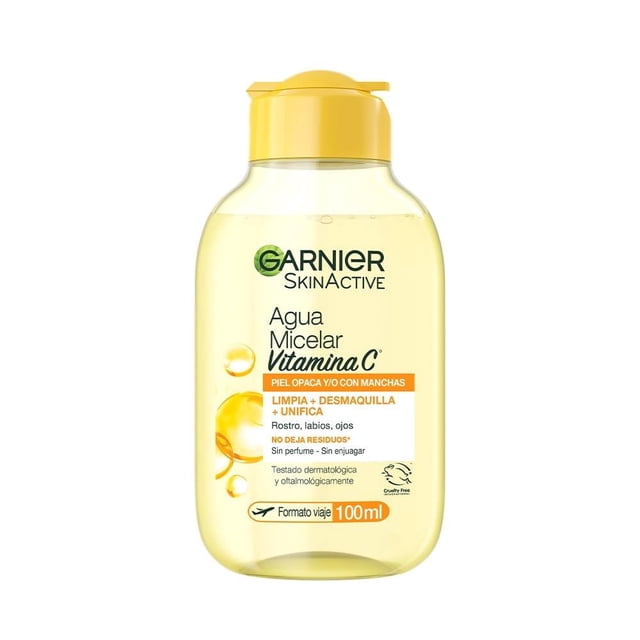 agua micelar garnier skin active vitamina c piel opaca/con manchas 100 ml botella frontal translúcida color amarillo con tapón dosificador; etiqueta blanca y naranja 'Agua Micelar Vitamina C', indica limpieza y desmaquillado para rostro, labios y ojos; formato 100 ml.