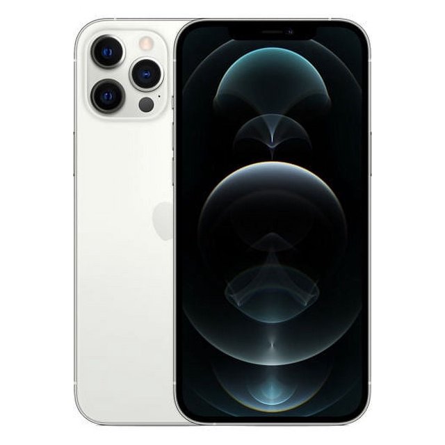 apple iphone 12 pro max - operador desbloqueado - 128 gb plateado (renovarse) Reacondicionado con microrayones muy leves; vista 3/4 frontal y posterior de teléfono plateado con triple cámara trasera y sensor LiDAR, pantalla AMOLED de 6.7" encendida, bordes planos, Face ID, dual SIM (SIM+eSIM), modelo iPhone 12 Pro Max 128 GB con iOS.