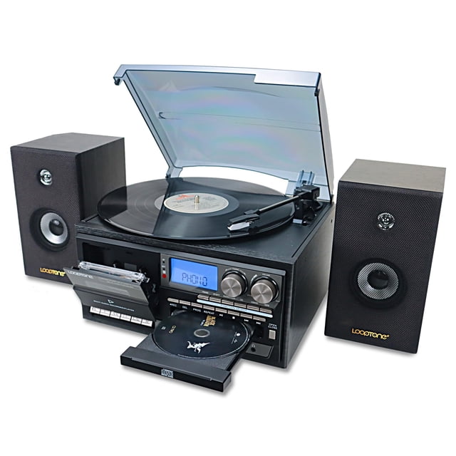 tocadiscos de vinilo looptone 10 en 1, 3 velocidades, bluetooth, negro; vista 3/4 frontal con tapa acrílica abierta mostrando plato con disco, brazo y cápsula; unidad central con bandeja CD desplegada, ranura de casete, pantalla LED y dos perillas, puertos USB/RCA visibles y altavoces externos rectangulares con rejillas negras y logo LoopTone. Suele utilizarse también como equipo compacto para reproducir vinilo, CD, casete o transmitir por Bluetooth.