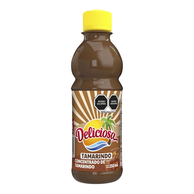 concentrado de tamarindo deliciosa 250 ml botella de plástico frontal con etiqueta marrón y logo Delicosa, texto "Tamarindo Concentrado de Tamarindo" y tapa amarilla; concentrado para preparar bebida sabor tamarindo que rinde 1.5 litros según la etiqueta.