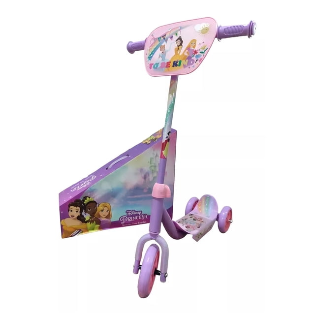 scooter disney princesas 3 ruedas juguete t378078 morado con manubrio ajustable 60–70 cm, plataforma ancha antideslizante y tres ruedas, diseño infantil de Princesas Disney en tablero frontal; recomendado 3–8 años, carga máxima 30 kg. Apto también como juguete para practicar equilibrio y coordinación en desplazamientos cortos.