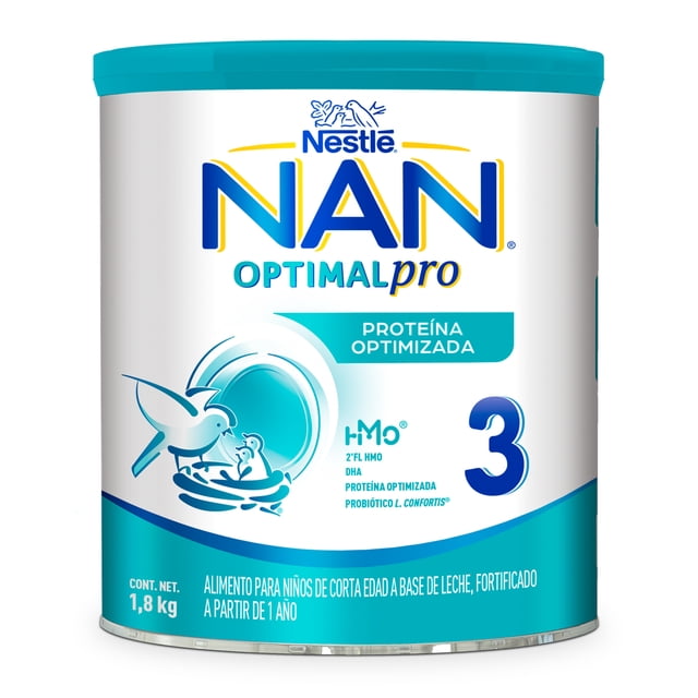 alimento para niños de corta edad nan optimal pro etapa 3 a partir de 1 año 1.8 kg Lata frontal centrada de fórmula en polvo NAN Optimal Pro etapa 3 con tapa turquesa; logotipo Nestlé NAN grande, texto "Optimal pro" y número 3 azul; franja inferior turquesa con leyenda "alimento para niños de corta edad a base de leche, fortificado" y peso 1.8 kg; gráfico de ave alimentando a un bebé y sello "proteína optimizada". A menudo usado como fórmula de transición para niños a partir de 1 año y compatible con otros productos de alimentación infantil.