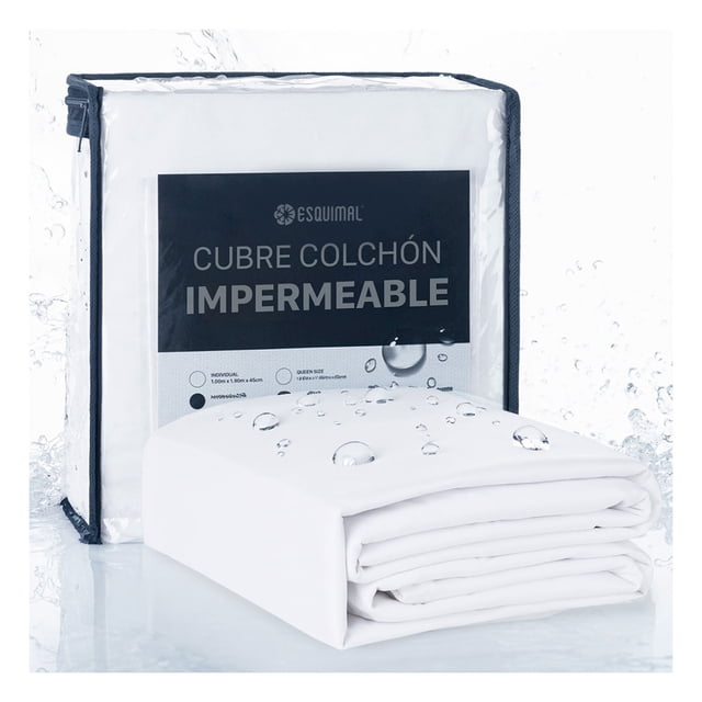 protector cubre colchón 100% impermeable, transpirable y ligera esquimal (individual) Blanco, cubre plegado frente a su empaque con etiqueta 'Cubre Colchón Impermeable' y logo Esquimal; tela lisa con gotas de agua que muestran repelencia, funda elástica para colchones hasta 45 cm, tamaño 100 x 190 x 45 cm; ideal también para proteger colchones de visitas o en casas de vacaciones.