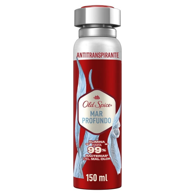 spray antitranspirante old spice mar profundo 150 ml frasco aerosol frontal, cuerpo rojo y tapa plateada con logo Old Spice y texto Mar Profundo; etiqueta con hojas azules, sello que indica elimina hasta 99% de bacterias del mal olor y marcado 150 ml; a menudo usado para refrescar axilas y cuerpo durante el día.
