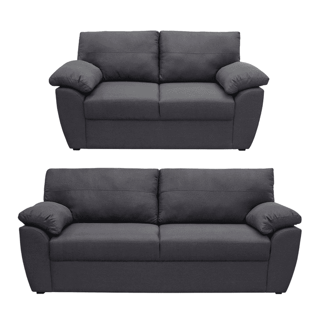 sala 3,2 sefora, atlas del descanso color gris sala 2 piezas: frontal con sofá de 3 plazas y sofá de 2 plazas en tela gris; brazos con almohadas integradas, respaldo acolchado dividido, asientos confortables y patas bajas visibles; diseño moderno ideal para áreas sociales y descanso ocasional.