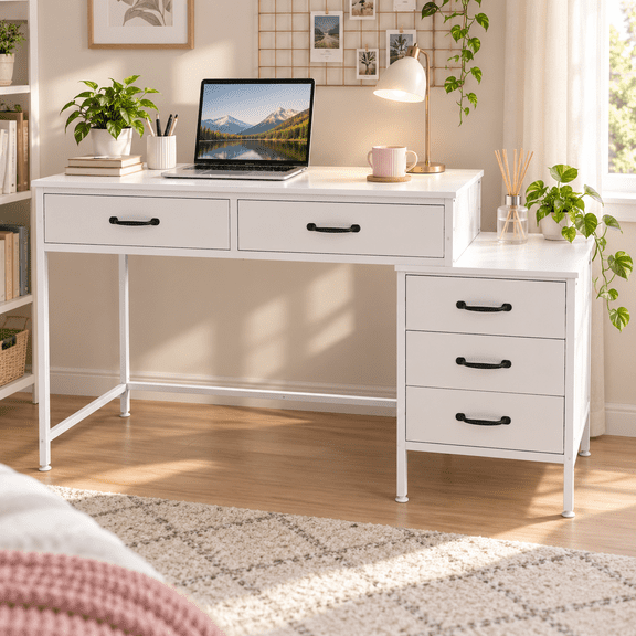 Zocalo Escritorio Multifuncional con 5 Cajones para Computadora, Oficina, Estudio o Tocador, 124 cm, Blanco