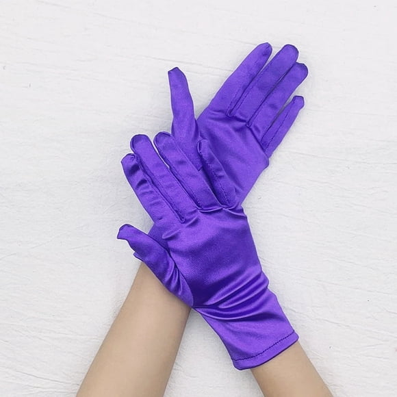 Zhuge Guantes cortos de satén para mujer, guantes para niños y adultos, guantes para bodas, fiestas, guantes hasta la muñeca, guantes para vestido, guantes de ópera, morado oscuro