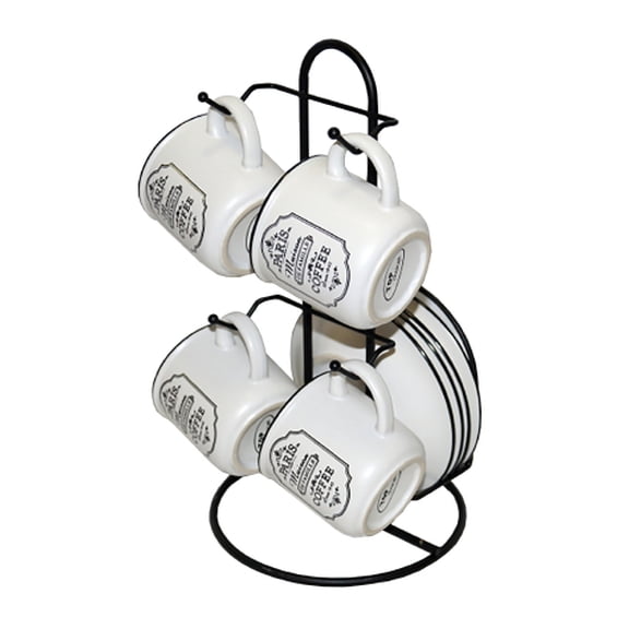 Juego Tazas de Café Espresso Ambient 21 Cerámica Diseño Vintage 9 Piezas 80 ml Color Blanco Incluye Soporte