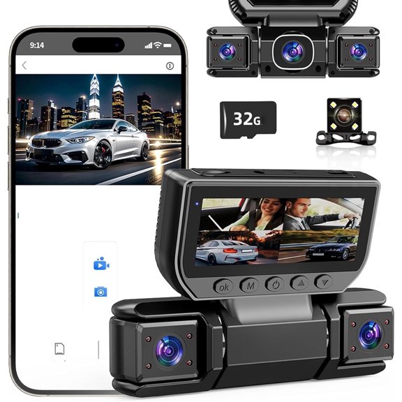 Sistema DVR Panorámico para Auto de 4 Canales Dash Cam 360°, Grabadora de Video WiFi 1080P FHD con Tarjeta de 32GB, Cámaras Delanteras Traseras Izquierda Derecha, Control por App y Monitor de Estacio