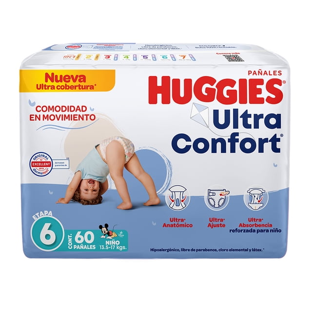 pañales huggies ultraconfort etapa 6 niño 60 piezas paquete frontal con bebé gateando, logo Huggies y texto Ultra Confort, etiqueta etapa 6 y 60 pañales, íconos que indican diseño anatómico, cintas Confort Flex y absorción reforzada al frente para niño (13.5-17 kg).