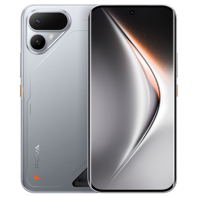 smartphone celular tecno pova curve 2 5g dual sim 256gb 8gb ram nuevo liberado - plateado, vista frontal y trasera centrada con pantalla curva AMOLED 6.78" 144Hz y módulo trasero con cámara principal 50 MP y sensor 2 MP; acabado plateado, botón lateral naranja, perfil ultradelgado 7.42 mm y logotipo PO VA en la esquina trasera, adecuado para uso multimedia y gaming por su pantalla y batería grande.