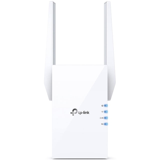 repetidor inalambrico tp-link re505x wi-fi 6 ax1500 doble banda 1500mbps 802.11ax blanco, vista frontal centrada con dos antenas externas verticales, carcasa blanca rectangular con logo TP‑Link y cuatro LEDs para 2.4G/5G, compacto 74 x 46 x 124.8 mm; funciona como extensor y punto de acceso y es adecuado para convertir una conexión Ethernet en Wi‑Fi de banda dual.