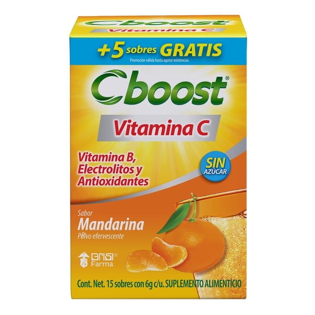 suplemento alimenticio grisi cboost polvo efervescente sabor mandarina 6g 15 sobres, caja frontal vertical naranja y amarilla con texto Cboost Vitamina C, franja azul +5 sobres gratis, menciona Vitamina B, electrolitos y antioxidantes y sello SIN AZÚCAR; imagen de mandarina y gajos en primer plano.