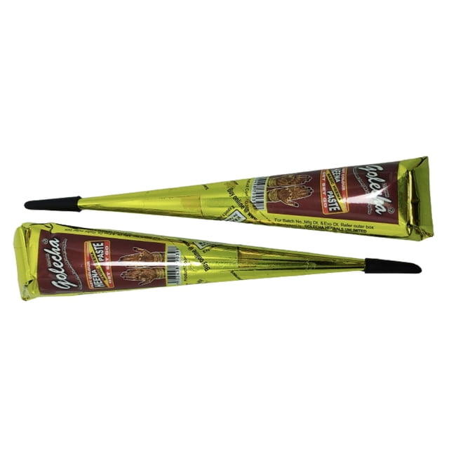 henna natural golecha para tatuajes temporales 2 conos delineador mehndi colores a escoger Paquete de 2 conos delineadores Golecha (15x2 cm, ~25 g c/u) color marrón; conos cónicos dorados con etiqueta roja y punta plástica negra, hecho en India, producto nuevo.