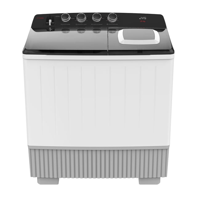 jvc lavadora doble tina, capacidad 25 kg mod. jctt2509bk vista frontal: lavadora doble tina blanca con panel superior negro y tapa transparente dividida; tina de lavado izquierda y tina centrifugada derecha, 4 perillas de control en fila, logo JVC y marcado 25 kg. Gabinete en polipropileno de alto impacto y canastilla interior en plástico, 4 niveles de agua y bajo consumo de energía según especificaciones. También suele usarse para lavar cobijas y ropa voluminosa por su alta capacidad.