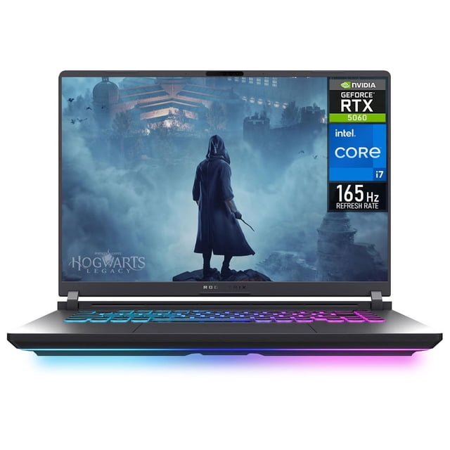 laptop gamer asus rog strix g16 nvidia geforce rtx 5060 core i7 14650hx 16gb ddr5 ssd 1tb 16" teclado ingles gaming y diseño frontal abierto, vista centrada; pantalla 16" WUXGA 165Hz con escena de juego, teclado chiclet inglés retroiluminado RGB 4 zonas, chasis gris con biseles delgados, tira LED RGB frontal y rejillas de ventilación visibles; también es adecuada para edición y streaming.