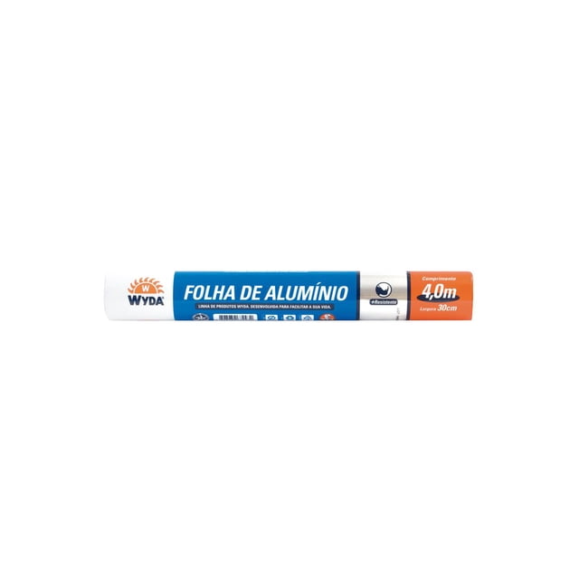 rollo de papel aluminio wyda 30cm x 4m -12 pzas paquete individual, vista frontal centrada del rollo plateado con etiqueta azul y naranja que indica 4.0 m y ancho 30 cm; útil para cocinar, conservar alimentos y hornear, y también suele usarse para envolturas en catering o transporte de alimentos.