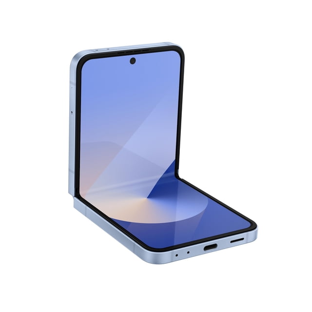 samsung celular galaxy z flip6 Desbloqueado azul, 3/4 frontal semiplegado mostrando la pantalla interior completa con cámara frontal perforada, bisagra visible, bordes metálicos y puerto USB-C; compacto para control con una mano, compatible con FlexCam y FlexWindow de Galaxy AI, también adecuado para selfies manos libres y videograbación social.