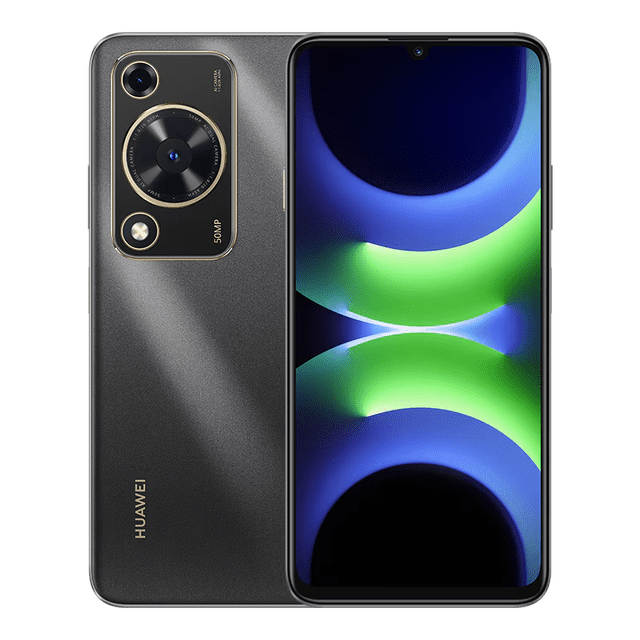 celular huawei nova y72s negro 8gb+128gb frontal y trasera, smartphone desbloqueado con pantalla de 6.75 pulgadas y muesca de gota; parte trasera en acabado mate negro con módulo de cámara rectangular que muestra lente principal con anillo y texto 50MP, logotipo Huawei en la esquina inferior y botón lateral de encendido. Dual SIM 4G, ideal para multitarea y consumo multimedia; también apto para uso como dispositivo de trabajo móvil.