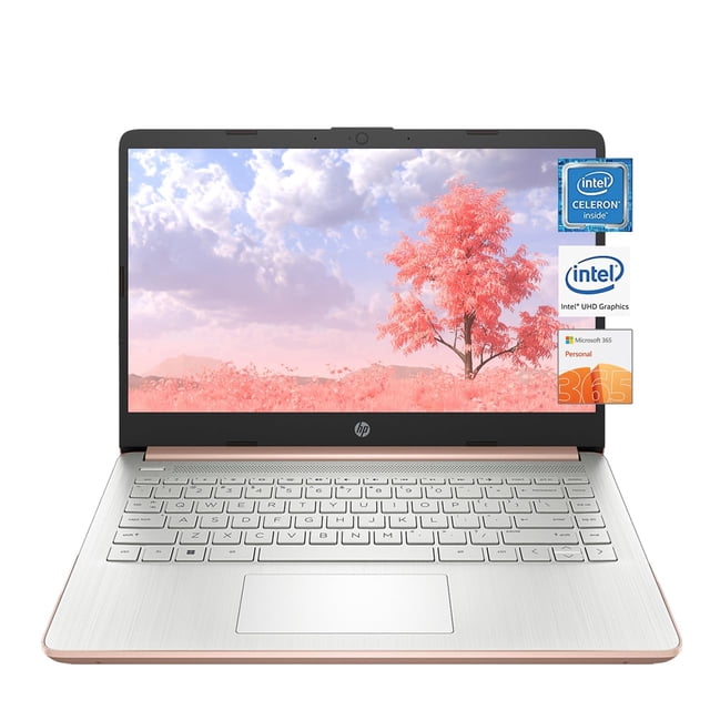 portátil hp stream intel celeron n4120 de 14 pulgadas, 32 gb de ram 576 gb vista frontal abierta en 3/4, pantalla de 14" con bisel delgado mostrando fondo rosado con árbol, teclado chiclet plateado y superficie de palma con acabado cepillado, iconos de Intel y Microsoft en el borde derecho de la pantalla; suele emplearse para navegación y tareas de ofimática.