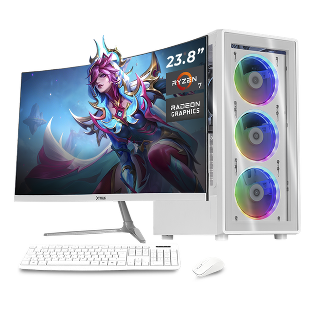 computadora escritorio completa xtreme pc gaming amd radeon vega renoir ryzen 7 5700g 16gb ssd 1tb monitor curvo 23.8 100hz wifi white Torre blanca con panel frontal acrílico y tres ventiladores RGB circulares, monitor curvo 23.8" Full HD 100 Hz, teclado y mouse blancos. Etiqueta Ryzen 7 y Radeon Graphics visible; iluminación RGB configurable por botón, SSD 1TB y 16GB DDR4. Equipo plug & play con adaptador 2 en 1 WiFi + Bluetooth, ideal para juegos casuales, trabajo y estudio; suele usarse también para emulación ligera.