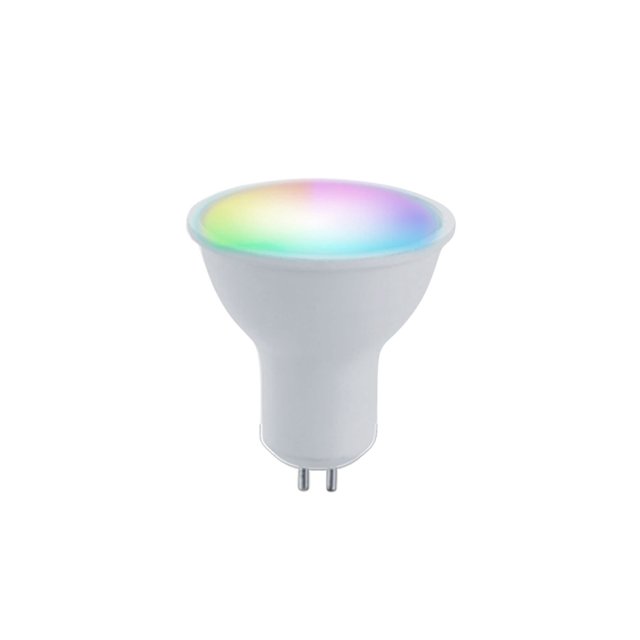 estevez foco led 5w smart rgb alexa / google home, base gu5.3 mr16 — foco LED inteligente WiFi 5W con base GU5.3 MR16, cuerpo blanco mate y lente que muestra un degradado de colores RGB; compatible con Alexa y Google Home, control por app Estévez Smart, atenuable y con blanco dinámico; también es ideal para iluminación de acento en vitrinas o nichos.