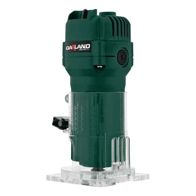 rebajadora recortadora de mano router madera oakland re-400w verde, vista frontal centrada con carcasa ventilada superior, cuerpo cilíndrico y base transparente de plástico; logo OAKLAND visible y interruptor lateral. Especificaciones clave visibles: 400 W, 127 V, collet 1/4" y hasta 30,000 rpm. Adecuada para corte, perfilado y rebajado en madera y plástico; también suele usarse para trabajos de modelismo y acabados detallados.