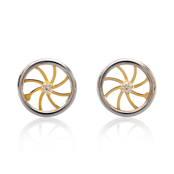 Aretes de oro 14k GIALLO Broquel Rueda de oro amarillo brillante y oro blanco brillante con circonia