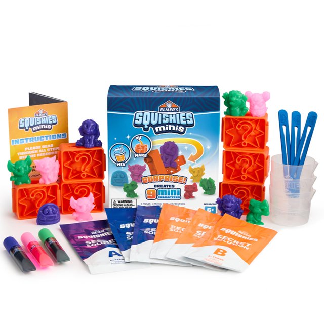 kit squishies minis de elmer's squishies make your own x9 kit para crear 9 mini personajes; vista frontal con caja azul centrada, seis moldes naranja apilados, nueve figuras esponjosas minis de colores (verde, morado, rosa), sobres de solución A y B visibles, tres tubos de pegamento vertible, tres vasos de mezcla transparentes y tres palitos azules; instrucciones a la izquierda. Mezcla, vierte y juega en 60 minutos; color y personaje pueden variar.