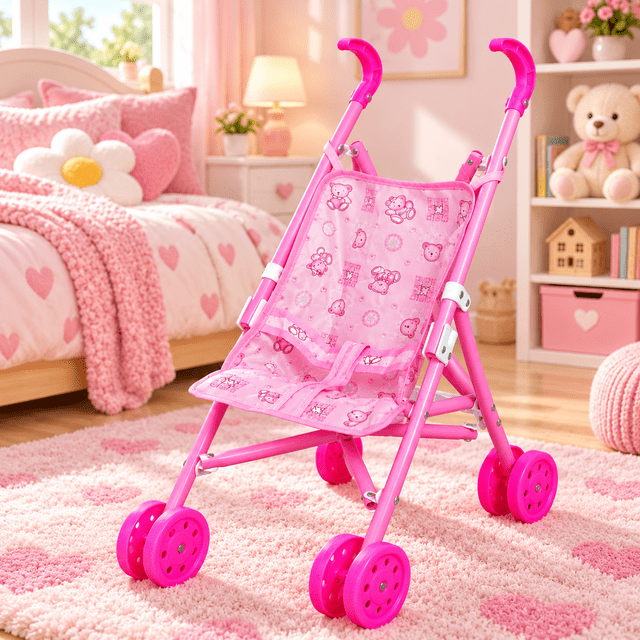 Carriola Infantil de Juguete Para Muñecas Color Rosa Plegable