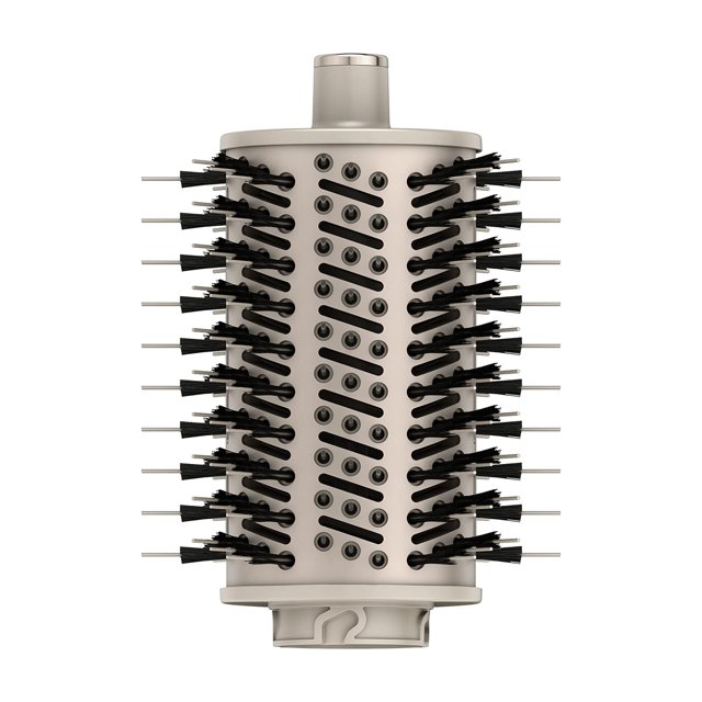 Cepillo redondo Shark XSKHD4RBA FlexStyle para secadoras FlexStyle, vista frontal centrada del cabezal cilíndrico beige con filas de cerdas de jabalí y púas de nylon negras, orificios de ventilación visibles y conector inferior compatible con la serie HD400; diseñado para peinar mientras seca, añadir volumen y reducir el encrespamiento. Apto también para peinar flequillo y capas cortas mientras se seca.