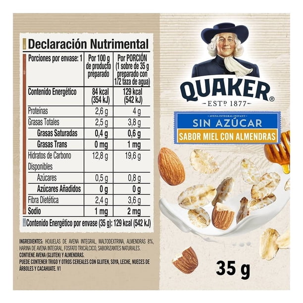 Imagen 3 de Avena integral Quaker instant sin azúcar sabor miel con almendras 35 g