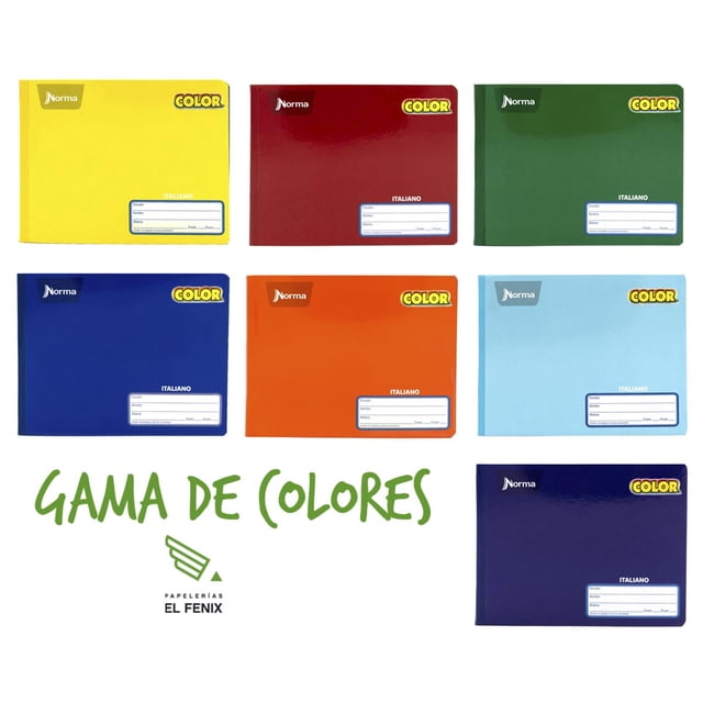 cuaderno norma color 360 cosido italiano 100 hojas doble ry — cuadernos con cubiertas surtidas en formato apaisado (amarillo, rojo, verde, azul, naranja, celeste y morado), vista frontal que muestra lomo reforzado y etiqueta rectangular; cosido de alta calidad, 100 hojas papel bond 56 g/m² y carátula en cartón plastificado semirrígido Duracover; apto para apuntes escolares y de oficina.