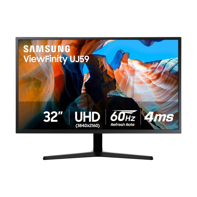 samsung monitor viewfinity 4k uhd de 32" - lu32j590uqnxza Frontal del monitor Samsung ViewFinity UJ59 32" UHD (3840x2160) con marco negro y base en T; pantalla muestra paisaje colorido y textos de especificación (32", UHD, 60 Hz, 4 ms). Panel ancho compatible con mil millones de tonos de color, ideal para fotografía y edición y a menudo usado en estaciones de trabajo multimedia compactas.
