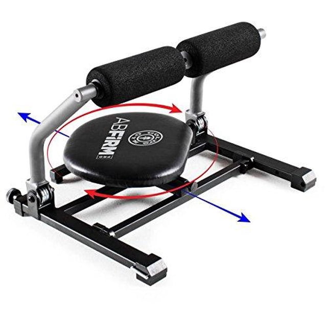 ejercitador de abdomen golds gym abfirm pro asiento ajustable negro con cojín redondo giratorio sobre base metálica y apoyapiés con almohadillas de espuma; marco plegable para ahorro de espacio, orientado a fortalecer abdominales y core, también usado para ejercicios de estiramiento del core.