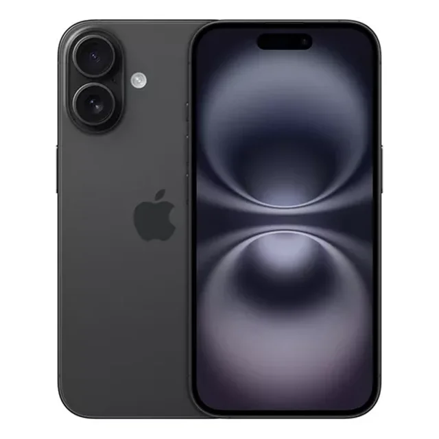 apple iphone 16 128gb- black vista centrada frontal y trasera; pantalla OLED de 6.1" encendida, chasis negro, doble cámara trasera vertical con módulo grande y flash, logo Apple posterior, Face ID y botón lateral visibles; ficha: cámara Fusion 48 MP con zoom óptico 2x, chip A18, iOS 18 y 128 GB; tamaño compacto adecuado para guardarlo en fundas de viaje.