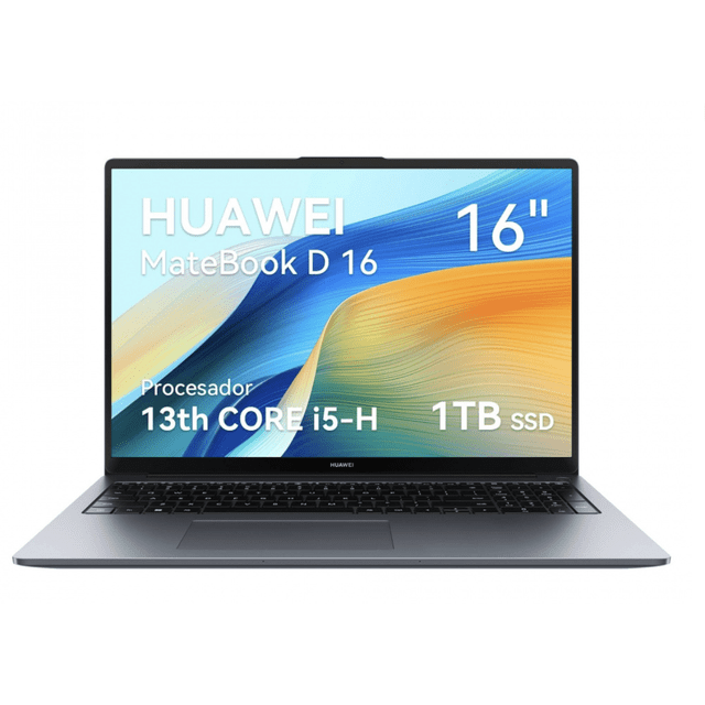 laptop huawei matebook d16 16” fhd+ | intel core i5-13420h | 16gb ram | 1tb ssd | cuerpo de metal | windows 11 pro | teclado español Vista frontal centrada de la Huawei MateBook D16 con pantalla IPS 16" FHD+ 16:10 y biseles delgados, chasis metálico plateado, teclado en español con teclado numérico y touchpad amplio; cámara web integrada en el marco superior y botón de encendido con lector de huellas. Ideal para productividad y multitarea, y adecuada para almacenar y gestionar grandes bibliotecas de archivos.