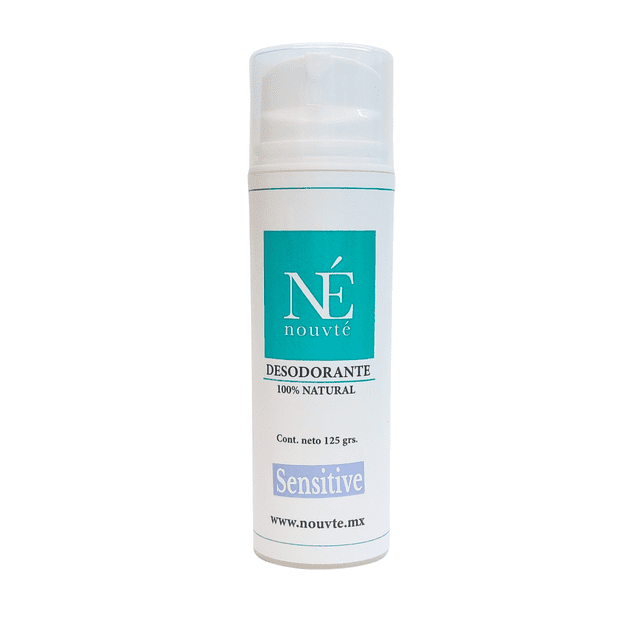 nouvté desodorante natural en crema sensitive 125 gr envase blanco cilíndrico frontal con tapa translúcida, etiqueta verde azulado con logo 'Né', texto 'DESODORANTE 100% NATURAL', rótulo 'Sensitive' y 'Cont. neto 125 grs.'; fondo blanco, vista centrada. A menudo usado para control diario del olor en pieles sensibles.