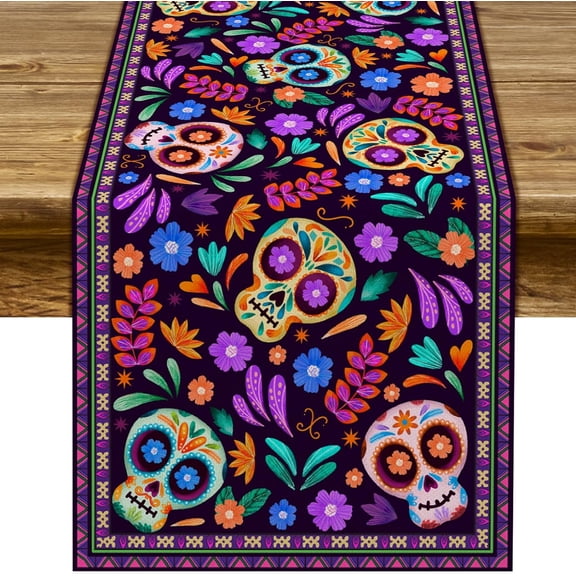 Camino de Mesa Día de Muertos, Mantel Decorativo de Tela Tipo Lino con Diseño de Calavera de Azúcar, Decoración para Altar, Ofrenda, Comedor, Cocina, Hogar y Fiesta Mexicana