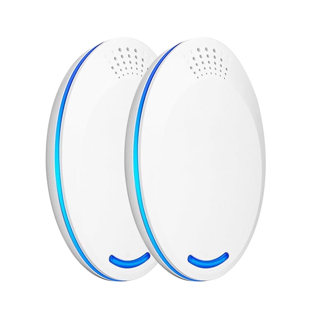 2pcs ultrasonic pest repeller plug control eléctrico de plagas - repelente de mosquitos para el hoga tomshoo repelente ultrasónico Dos unidades blancas ovaladas, vista 3/4, enchufes compactos en ABS con orificios de ventilación superiores y borde luminoso azul que funciona como luz nocturna; tamaño 95 × 65 × 20 mm, cobertura hasta 861 pies cuadrados, para enchufar en habitaciones, oficina o bodega; a menudo se usan también como luz nocturna decorativa.