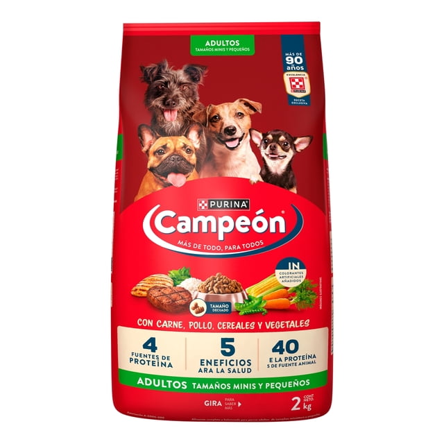 alimento para perro purina campeón adulto tamaños minis y pequeños carne pollo cereales y vegetales 2 kg — Bolsa frontal roja, vista centrada y frontal del empaque con logo Purina Campeón; texto 'adultos tamaños minis y pequeños' y '2 kg'. Parte superior muestra cuatro perros de razas pequeñas; parte inferior muestra croquetas y ilustraciones de carne, pollo, cereales y vegetales; pictogramas indican '4 fuentes de proteína', '5 beneficios para la salud' y '40% proteína de fuente animal'.