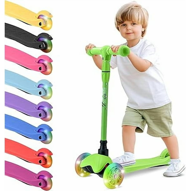 Monopatin Scooter para Niños de 2 a 5 Años Hurtle, 3 Ruedas con Luces LED, Mini Kickboard con Freno, Manillar Ajustable de 63 cm a 71 cm, Antideslizante, Patin del Diablo, Verde