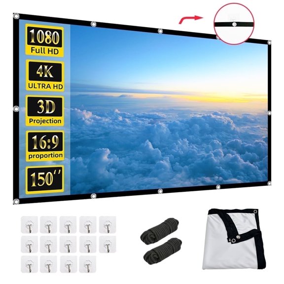 GAINVANE Pantalla de Proyección para Exteriores de 150 Pulgadas, Pantalla de Proyector Lavable 16:9 Plegable Resistente a las Arrugas Proyector Portátil Pantalla de Cine para Cine en Casa Soporte