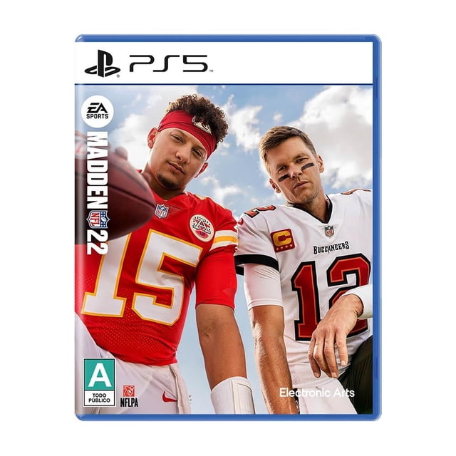 madden nfl 22 playstation 5 ea físico caja del videojuego PS5 con portada frontal que muestra a dos jugadores de la NFL en primer plano, uno con uniforme rojo número 15 y otro con uniforme blanco número 12, logotipos de PS5 y EA Sports, clasificación 'A todo público' y sello de la NFL visibles; incluye referencias a modo Franchise y progreso unificado del avatar.