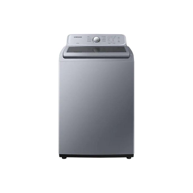 lavadora samsung 19 kg gris Vista frontal centrada de lavadora de carga superior Samsung color lavanda gris con panel superior con perilla y botones, tapa transparente oscura, tina de acero inoxidable y patas negras; soporta 19 kg, 8 ciclos, 4 niveles de temperatura, Magic Filter y seguro para niños; suele usarse también para lavar prendas voluminosas de familias numerosas.