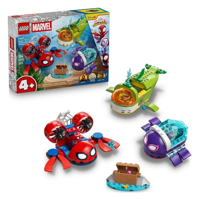 set lego marvel spidey vehículos submarinos 11207 multicolor, 154 piezas: vista 3/4 de tres submarinos para armar — cangrejo rojo con hélices y gran telaraña frontal, tortuga verde con cabina naranja translúcida y caparazón abatible, ballena morada con cabina azul translúcida y cañones en aletas; incluye cofrecito de tesoro y minifiguras Spidey, Ghost-Spider y Doc Ock; fondo blanco.
