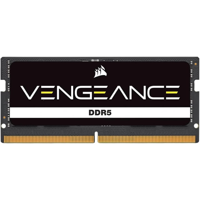 memoria ram ddr5 16gb 5600mt/s corsair vengeance 1x16gb laptop negro Módulo SO-DIMM negro, vista frontal centrada con etiqueta 'VENGEANCE' y 'DDR5' y contactos dorados visibles; especificado 1 x 16 GB, 5600 MT/s, CL48, 1.1 V, ideal para laptops y sistemas compactos.